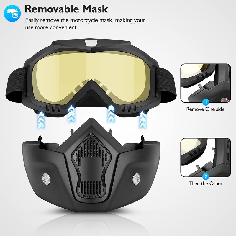 BELINOUS Motorcycle Goggles with Removable Face Mask - Yellow