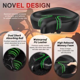 BLUEWIND Oversized Bike Seat, Wide Bicycle Saddle Novel Backrest Design for Electric Bike, Universal Fit Exercise or Road Stationary Bike Seat Cushion for Men & Women (Green)