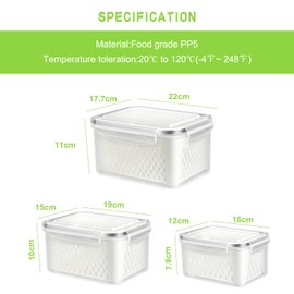 TBMax Frischhaltedosen für Kühlschrank, 3 Stück Gemüse-/Obst-Aufbewahrungsbehälter mit Abflusskörben – stapelbarer Kühlschrank-Organizer für die Küche