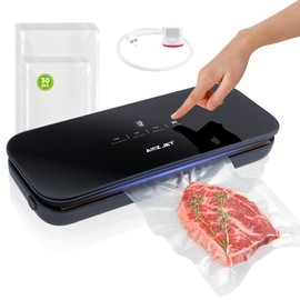 Amz Jet Vacuum Sealer for Food - Tempered Glass Panel, LED Touch Control, Digital Display, Pulse/Moist/Dry/Seal/External Suction Modes, Includes 30 Vacuum Bags & Built-in Cutter(Black)