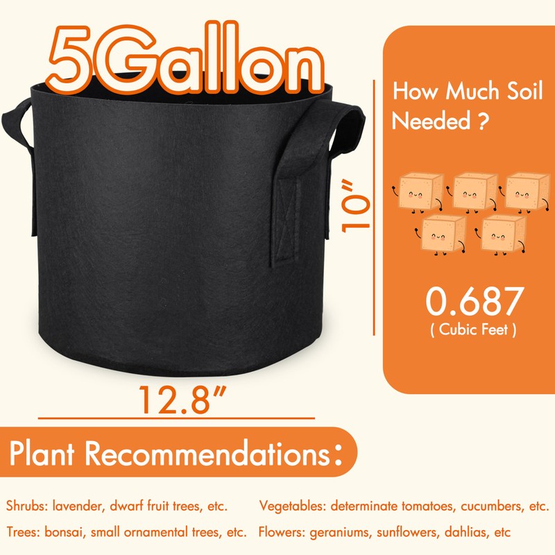 Gardzen 6-Pack 5 Gallon Grow Bags, Aeration Fabric Pots with
