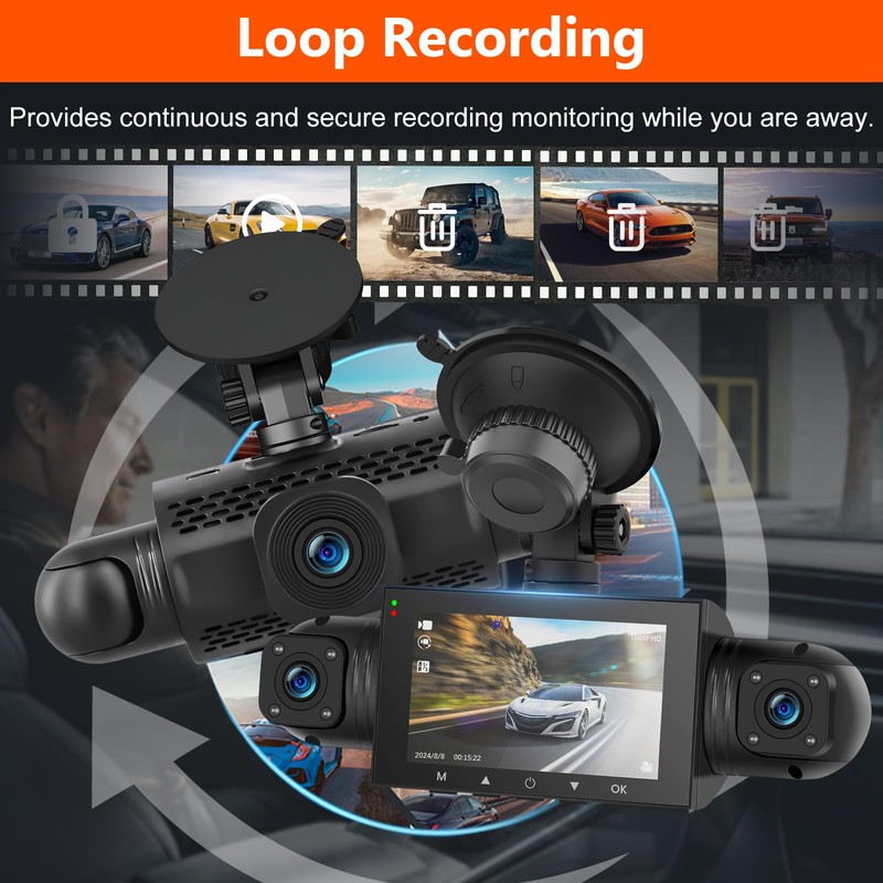 Podofo 360° Dash Cam Front and Rear Inside,4 Channel 3"