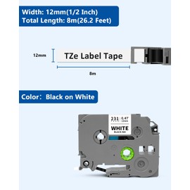 6-Pack TZe-231 Label Tape Compatible with Brother P Touch Label Tape TZe-231 TZ-231 TZe-231 TZ Tape 12mm 0.47 Laminated White Work with Ptouch PT-D220 D210 H100 PTD400 PTD-600 PTD610BT Label Maker