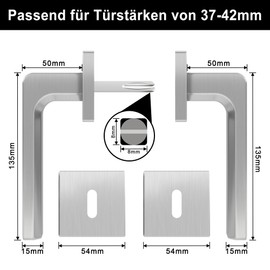 AwmnSrman Door Handles, Interior Doors, Cube Door Handle, Door Fitting, Bedroom Door Set, BB Deadlock Set, 1 Set, Modern Stainless Steel, 2 Door Handles and 2 Long Plates, Silver