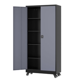 Fesbos Metal Rolling Storage Cabinet-74.6” Tall Steel File Cabinets with Wheels Lockable Doors and Adjustable Shelves-Black & Gray Steel Storage Cabinet for Home, School, Office, Garage