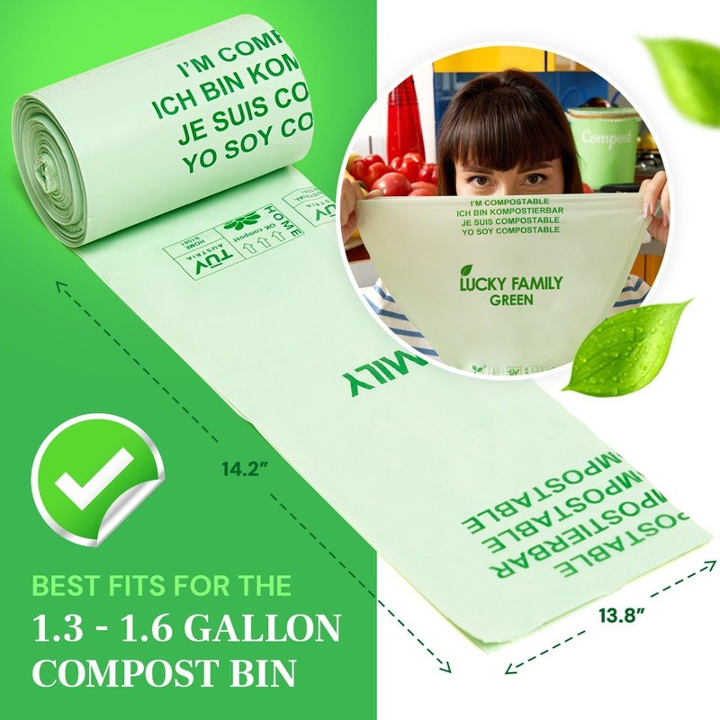Lucky Family Green Compost Bags for Kitchen Countertop Bin -