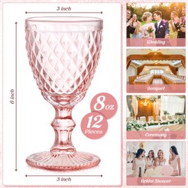 Lallisa 12 Pcs Pink Wine Glass Set Vintage Glassware Pink Goblets 8 oz Embossed Drinking Glass with Stem High Clear Stemmed Cups Goblet for Wedding Party Banquet Feast Bar, Daily Use