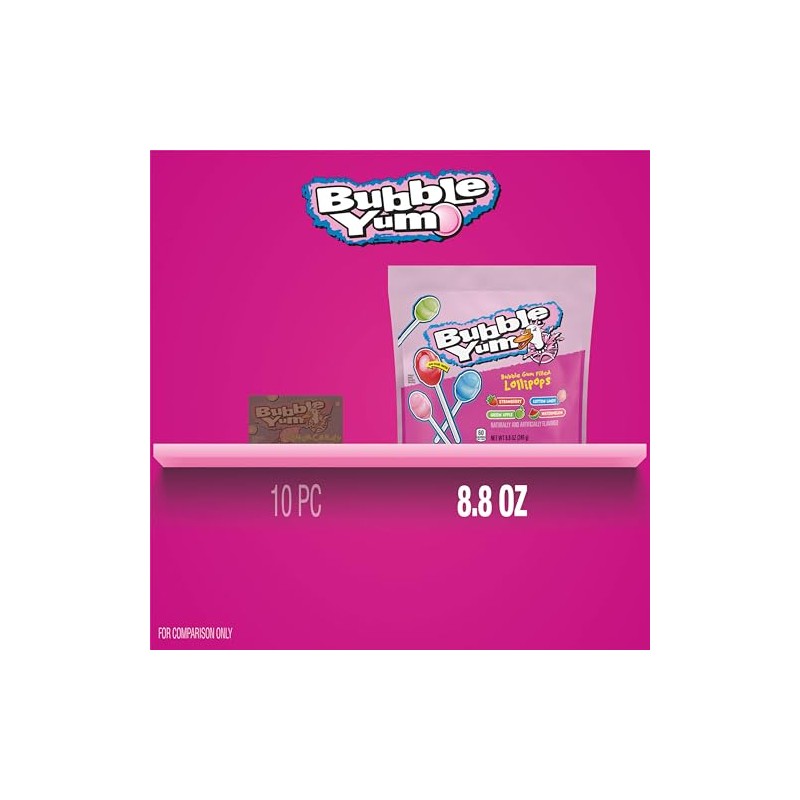 BUBBLE YUM Assorted Flavored Bubble Gum Filled Lollipops, Candy Bag,