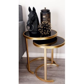 Deco 79 Metal Nesting Accent Table with Black Glass Top, Set of 3 21", 19", 17"H, Gold