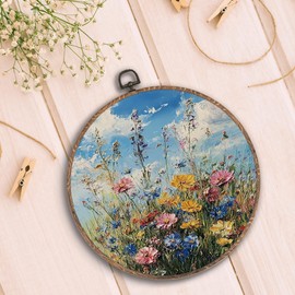 Hxlac Watercolor Wildflower Field Round Wall Art Framed, Vintage Botanical Round Wall Decor, Farmhouse Colorful Flower Hanging Canvas Prints Wall Sculptures for Home Room Decor, 10x10 Inch