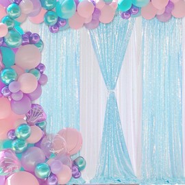 Sequin Backdrop Curtains 4 Pieces 2ftx8ft Mermaid Blue Sparkly Background Fabric for Under The Sea Little Mermaid Birthday Party