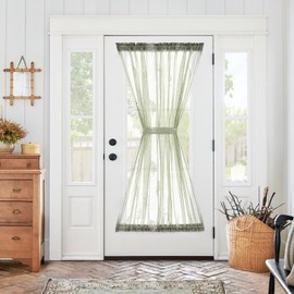 jinchan French Sheer Volie Door Curtain Leaf Embroidered Farmhouse Curtain for Patio Door with Tieback Light Filtering for Door Window Closet Rod Pocket 72 Inches 1 Panel Green on Beige