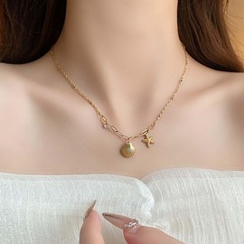 Cimenexe Bohemian Crystal Shell Choker Necklace Gold Clam Shell Pendant Necklace Cz Starfish Collar Necklace Scallop Paperclip Link Chain Necklace Jewelry for Women