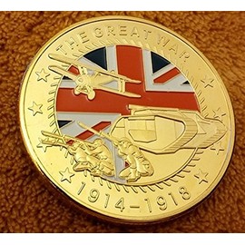 WeTapble World War I Commemorative 24Kt Gold Plated Coin Poppy Cross II with Union Jack Flag Soldier, Tank, Plane and The Name of Famous Battles