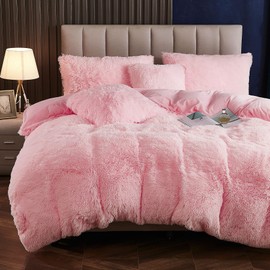 Yaoshuho Plush Fluffy Duvet Cover Queen Size Luxury Ultra Soft Shaggy Duvet Cover Set Faux Fur Comforter Bedding Set(1 Duvet Cover + 2 Pillow Shams), Pink