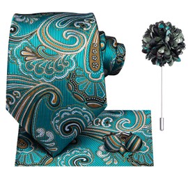 Hi-Tie Mens Tie Set Woven Silk Ties for Men Handkerchief Cufflinks Lapel Pin Set 4PC Formal Wedding Business Neckties, Teal Brown Paisley