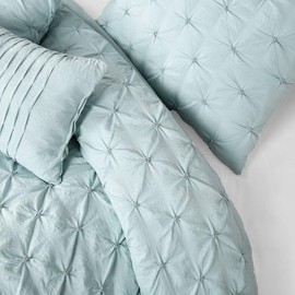 HNU 5 Pieces Pintuck Comforter Set Full - Queen, Blue Farmhouse Mid-Century Modern Scandinavian Bed Comforter Set, Solid Color Textured All Seasons Crinkled Microfiber Soft Cozy Comfy