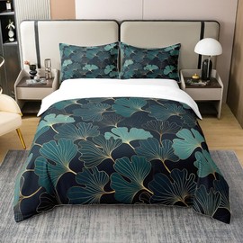 Castle Fairy Golden Ginkgo Leaves 100% Cotton Duvet Cover,Floral Art Decor Natural Botanical Breathable Comforter Cover,Luxury Gold Pattern Super Soft Bedding Set 3 Pcs with 2 Pillowcases King Size