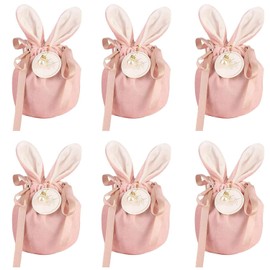 6 Pieces Rabbit Ears Velvet Drawstring Gift Bags, Easter Candy Bags, Velvet Rabbit Ear Drawstring Bags, Easter Egg Bags for Wedding, Birthday, Party Favors (Pink+Pearl+Pendant)