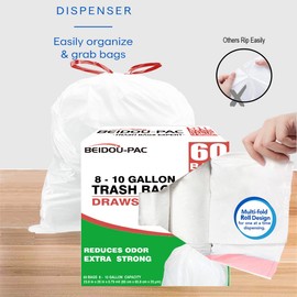 BEIDOU-PAC Trash Bags 8-10 Gallon Drawstring, 60 Count Garbage Bags, Large Kitchen Trash Bags, Odorless & Heavy Duty White Plastic Food Scrap Bags for Bathroom Bedroom Office Waste