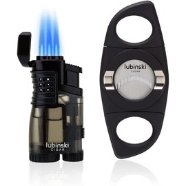 LUBINSKI Torch Lighter and Cutter Gift Set, Multifunction 3 Jet Butane Lighter with Punch, Security Lock, Top Lid with Stand, Stainless Steel 28mm Cutter with Stand (Grey)