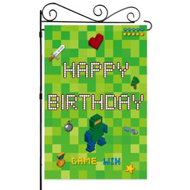 Labakita Green Pixel Themed Happy Birthday Garden Flag, Block Video Game Themed Yard Sign, Sandbox Miner TNT Video Game Birthday Decoration for Boys Girls, Cool Gaming Party Supplies