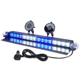 Xprite Windshield Dash Strobe Light Bar Aluminum w/Suction Cups, Deck Visor Hazard Warning Security Flashing Lights for Emergency POV Traffic Vehicles Police Volunteer Firefighter Trucks​- White&Blue