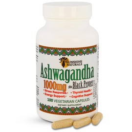 Sunshine Naturals Ashwagandha Plus Black Pepper Dietary Supplement. Supports Immune System and Energy Levels. 1000 mg. 100 Capsules. Pack of 5