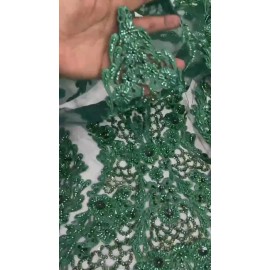 Mia Fabrics Heavy Bead Floral Fabric - Hunter Green - Beaded Flower Design Fabric by Yard