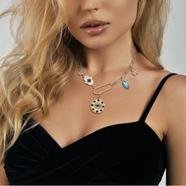 MISS RIGHT Charm Necklace for Women Dainty Gold Evil Eye Hamsa Hand Coin Lucky Pendant Vintage Paperclip Chain Clover Flower Chunky Charm Necklace Jewelry Gifts CLOVER