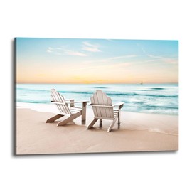 Seascape Wall Art Canvas Print: Beach Chair Picture Coastal Scene Ocean Painting Sea Seashore Seaside Artwork Decor for Living Room Bedroom 36 x 24 Inches