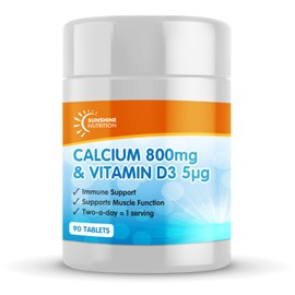 Calcium 800mg and Vitamin D3 5μg per Serving /90 Tablets by Sunshine Nutrition, Made in UK