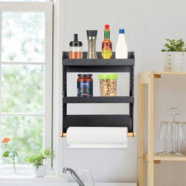 Fashionwu Magnetic Spice Rack, 2 Tier Magnetic Spice Organizer for Refrigerator, Magnetic Shelf with Paper Towel Holder for Kitchen Storage