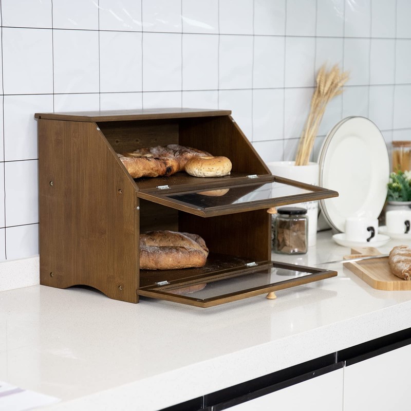 HOMEKOKO Double Layer Large Bread Box for Kitchen Counter, Wooden