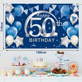 Jiusely 50th Happy Birthday Banner, 50 Blue Silver Party Decorations 180 x 110 cm, 50 Banner Decoration Photo Backdrop, 50th Blue Birthday Party Decorations for Men Women