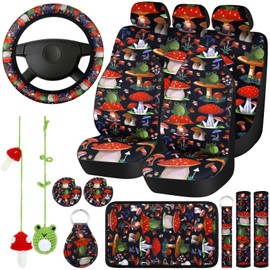 17 Pcs Mushroom Car Seat Covers Mushroom Car Accessories Full Set for Women Men Automotive Rear Front Seat Protector View Mirror Hanging Ornament Steer Wheel Belt Cover(Mushrooms and Frogs)