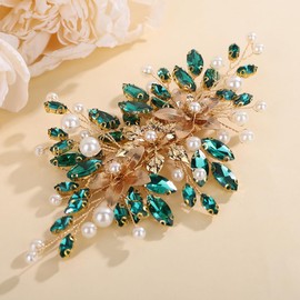 Teyglen Green Rhinestone Bridal Hair Clips Flower Bride Wedding Hair Clips Crystal Wedding Hair Barrettes Bridal Crystal Pearl Hair Piece Hair Accessory for Women (Peacock green)