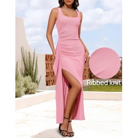 ZESICA Women's Sleeveless Formal Maxi Dresses 2025 Summer Ribbed Square Neck High Split Party Bodycon Long Dress, Pink, Medium