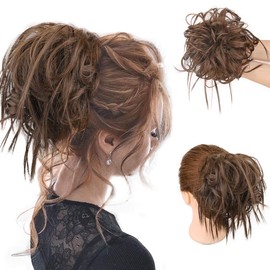 HMD Tousled Updo Messy Bun Hairpiece Hair Extension Ponytail with Elastic Rubber Band Updo Ponytail Hairpiece Synthetic Hair Extensions Scrunchies Ponytail Hairpieces for Women (Medium warm Brown)