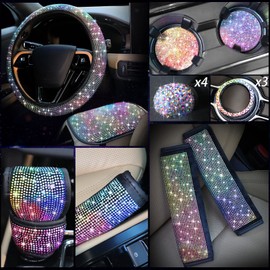 Tallew 15 Pcs Bling Car Accessories Set, Include Rhinestone Steering Wheel Cover Center Console Cover Crystal Handbrake Cover