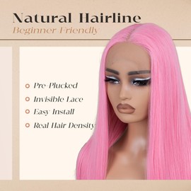 BLL Pink Wig Synthetic Lace Front Wig Pre Plucked Straight Glueless Wigs 30 Inch T-Part Lace Cosplay Wigs For Women (Pink, 30 Inch)