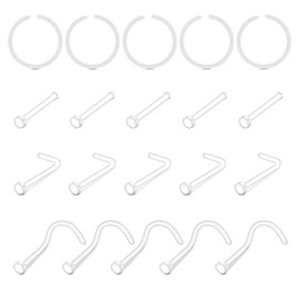 LAURITAMI Clear Nose Studs Hide Piercing Small Flat Top 20 Gauge L Shaped Straight Plastic Retainers for Nose Piercing Invisible for School
