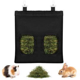 ElevateTech Rabbit Hay Feeder Bag, Guinea Pigs Hanging Hay Bag 2 Windows Large Capacity Hays Holder Bags Small Animal Feeder Dispenser for Bunny Guinea Pig Chinchilla Hamsters (Black)