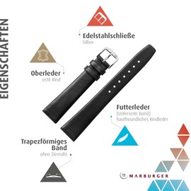 Smooth Leather Watch Strap 10 mm Black Replacement Band With Graduated & Tool Trapezoidal Shape Rope Leather Bracelet MARBURGER Watch Band Spring Bars Strap Since 1945 – Black/Silver