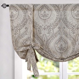 JINCHAN Tie Up Shade Curtains for Kitchen Living Room 45 inches Long Damask Printed Paisley Rod Pocket Drapes Multicolor Medallion Flax Window Curtain 1 Panel Grey on Beige