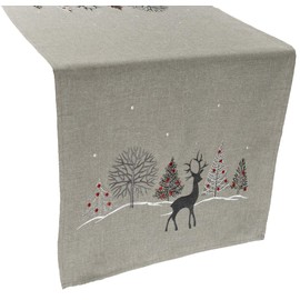 Embroidered Holiday Reindeer and Christmas Scene on Gray Rectangle Table Runner, Dresser Scarf (16Wx33L)