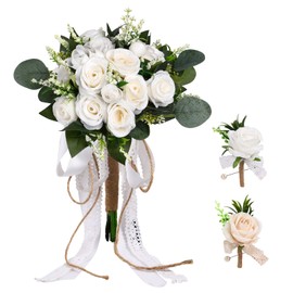 Alupssuc Wedding Bouquet Set for Bride and Bridesmaid with Matching Groom Boutonniere, Artificial Silk Ivory Rose Flowers and Greenery, Elegant Floral Set for Wedding, Church, Receptions, and Events