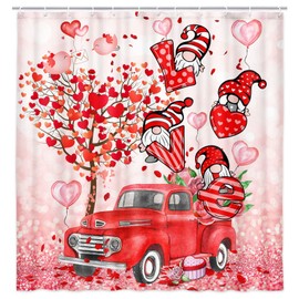 Happy Valentine’s Day Shower Curtain Love Heart Bathroom Curtain Valentines Gnomes Love Tree Romance Vintage Red Truck with Rose Flowers Farmhouse Fabric Shower Curtains for Home Decor 72 x 72 Inches