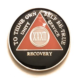 32 Year AA Medallion - Orange & Black Tri-Plate Alcoholics Anonymous Sobriety Chip, Token, Coin