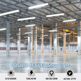 DOSILIO 4FT LED Linear Strip Light Fixtures 40/30/20W, 4 Foot Shop Lighting 3/4/5000K Adjustable, Commercial LED Linear Lights for Garage, Workshop, 0-10V Dimmable, Surface Mount, Linkable, AC100-277V